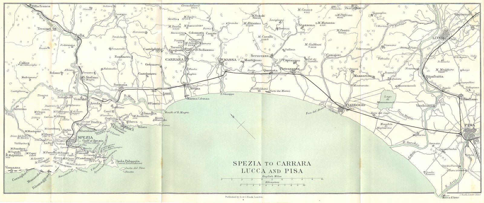 ITALY. La Spezia to Carrara Lucca & Pisa 1913 old antique map plan chart